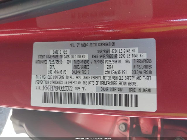 Aukcja sprzedaży 2022 Mazda Cx-5 2.5 S Premium, vin: JM3KFBDM8N0560072, numer aukcji: 44662441