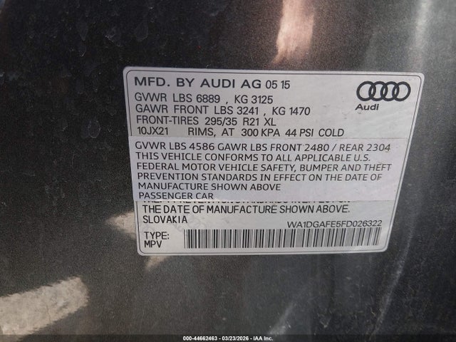 44662463 :رقم المزاد ، WA1DGAFE5FD026322 vin ، 2015 Audi Q7 3.0t S Line Prestige مزاد بيع