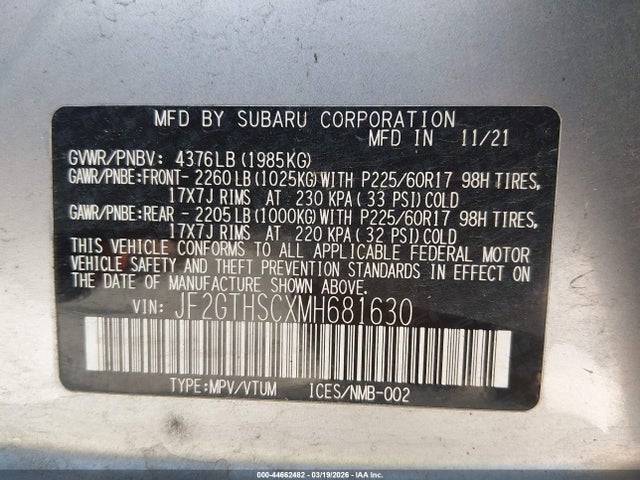 Aukcja sprzedaży 2021 Subaru Crosstrek Sport, vin: JF2GTHSCXMH681630, numer aukcji: 44662482