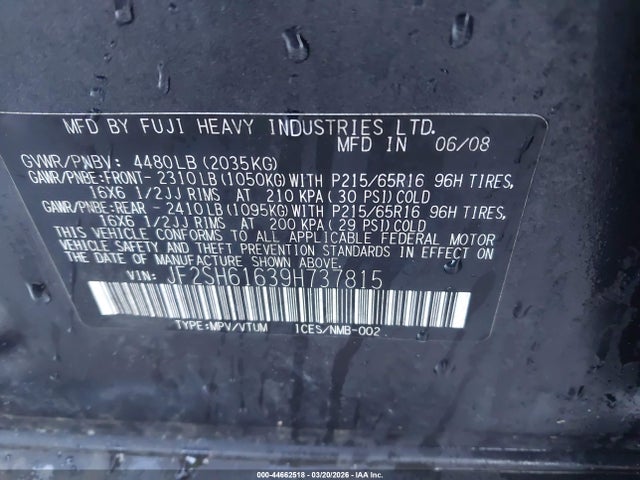 2009 Subaru Forester 2.5x მანქანა იყიდება აუქციონზე, vin: JF2SH61639H737815, აუქციონის ნომერი: 44662518