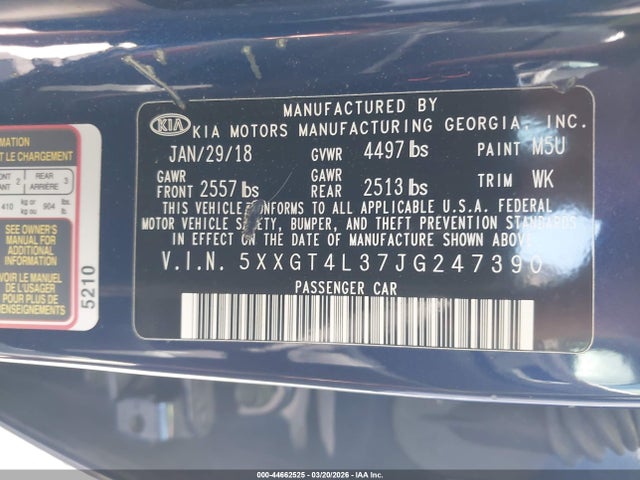 Aukcja sprzedaży 2018 Kia Optima S, vin: 5XXGT4L37JG247390, numer aukcji: 44662525