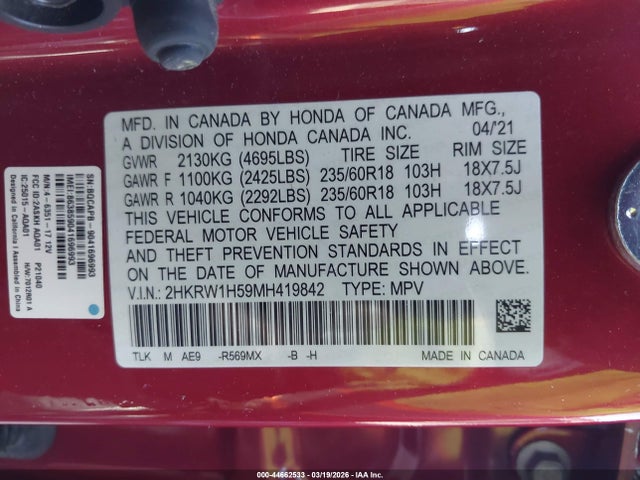 2HKRW1H59MH419842 Honda Cr-v 2wd Ex