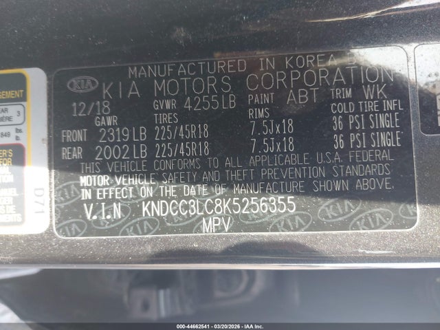 44662541 :رقم المزاد ، KNDCC3LC8K5256355 vin ، 2019 Kia Niro S Touring مزاد بيع