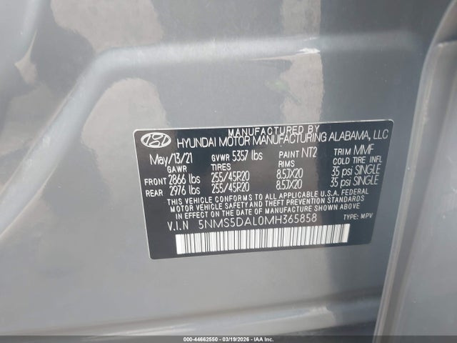 5NMS5DAL0MH365858 Hyundai Santa Fe Calligraphy