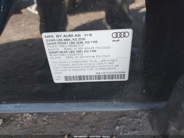 Продажа на аукционе авто 2016 Audi Q3 2.0t Premium Plus, vin: WA1GFCFS2GR016384, номер лота: 44662551