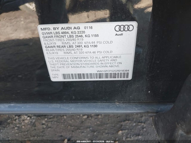 Продажа на аукционе авто 2016 Audi Q3 2.0t Premium Plus, vin: WA1GFCFS2GR016384, номер лота: 44662551