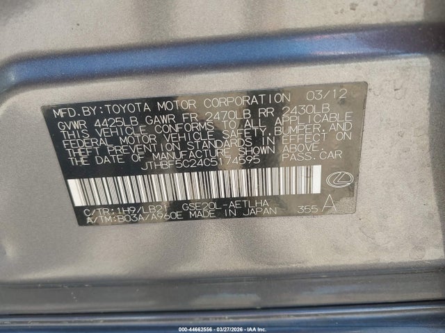 Продажа на аукционе авто 2012 Lexus Is 250, vin: JTHBF5C24C5174595, номер лота: 44662556
