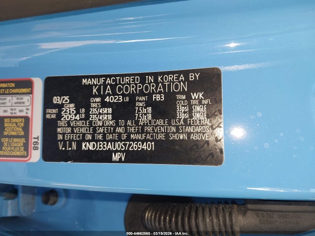 Aukcja sprzedaży 2025 Kia Soul Ex, vin: KNDJ33AU0S7269401, numer aukcji: 44662565