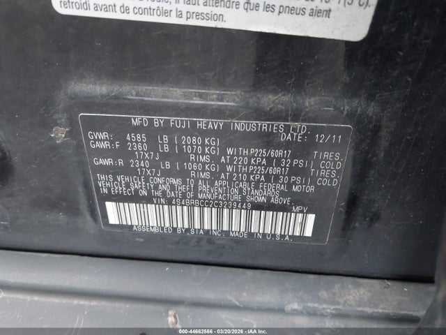 Продажа на аукционе авто 2012 Subaru Outback 2.5i Premium, vin: 4S4BRBCC2C3239449, номер лота: 44662566