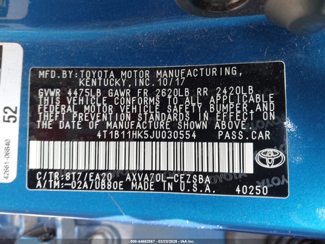 4T1B11HK5JU030554 Toyota CAMRY SE