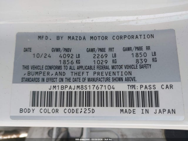 Продаж на аукціоні авто 2025 Mazda Mazda3 2.5 S, vin: JM1BPAJM8S1767104, номер лоту: 44662580