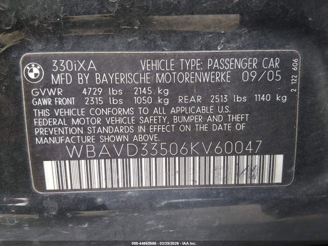 44662588 :رقم المزاد ، WBAVD33506KV60047 vin ، 2006 Bmw 330xi مزاد بيع