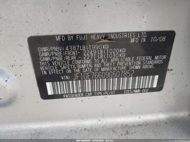 Продаж на аукціоні авто 2009 Subaru Impreza Wrx, vin: JF1GE76609G507852, номер лоту: 44662593