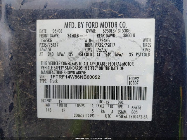 44662612 :رقم المزاد ، 1FTRF14W86NB60052 vin ، 2006 Ford F-150 Stx/xl/xlt مزاد بيع