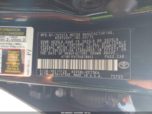Aukcja sprzedaży 2013 Toyota Camry Se, vin: 4T1BF1FK7DU678843, numer aukcji: 44662624