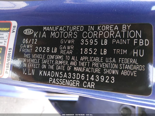 Продаж на аукціоні авто 2013 Kia Rio Ex, vin: KNADN5A33D6143923, номер лоту: 44662639