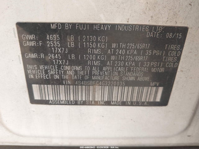 Продаж на аукціоні авто 2016 Subaru Outback 2.5i Premium, vin: 4S4BSBFC4G3220035, номер лоту: 44662643
