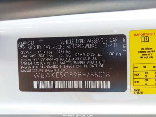 2011 Bmw 328i მანქანა იყიდება აუქციონზე, vin: WBAKE5C59BE755018, აუქციონის ნომერი: 44662649
