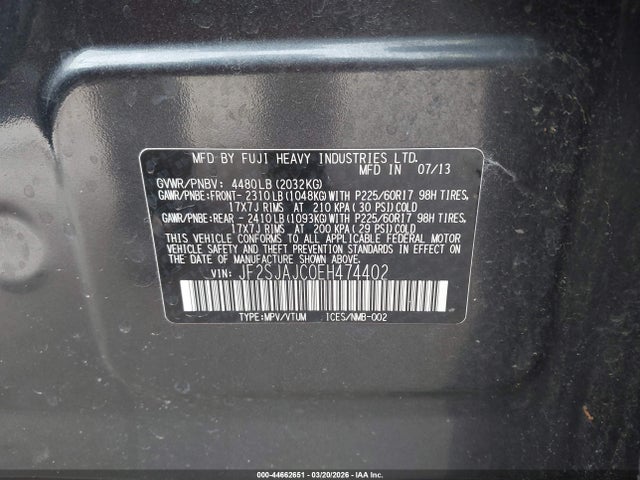 2014 Subaru Forester 2.5i Limited მანქანა იყიდება აუქციონზე, vin: JF2SJAJC0EH474402, აუქციონის ნომერი: 44662651