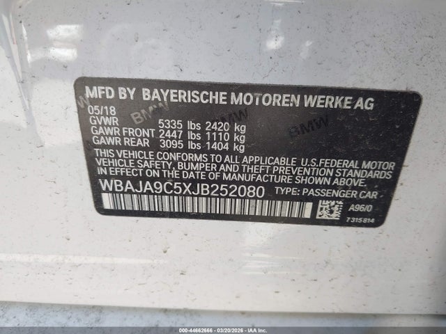 Aukcja sprzedaży 2018 Bmw 530e Iperformance, vin: WBAJA9C5XJB252080, numer aukcji: 44662666