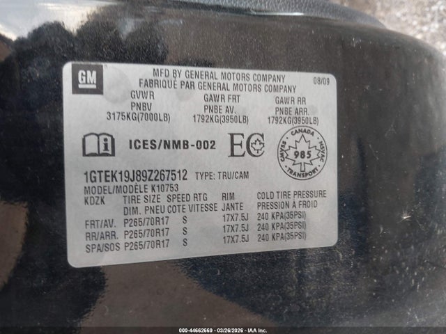 Aukcja sprzedaży 2009 Gmc Sierra 1500 Work Truck, vin: 1GTEK19J89Z267512, numer aukcji: 44662669