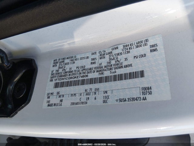 1FTEW1CG9GKE74806 Ford F-150 Lariat