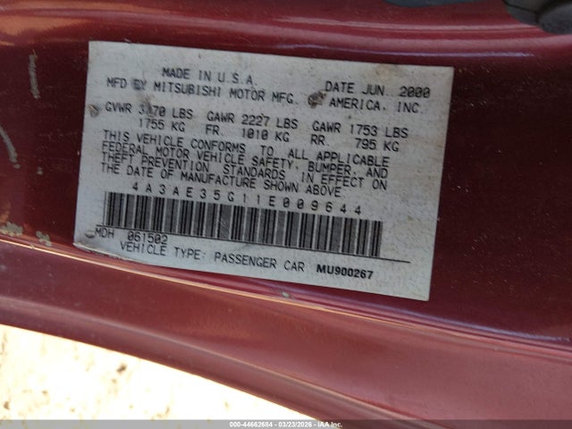 2001 MITSUBISHI ECLIPSE SPYDER 4A3AE35G11E009644 Photo 8