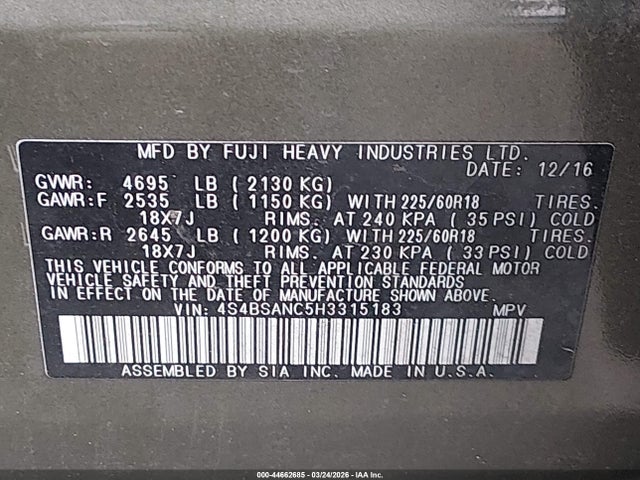 Aukcja sprzedaży 2017 Subaru Outback 2.5i Limited, vin: 4S4BSANC5H3315183, numer aukcji: 44662685