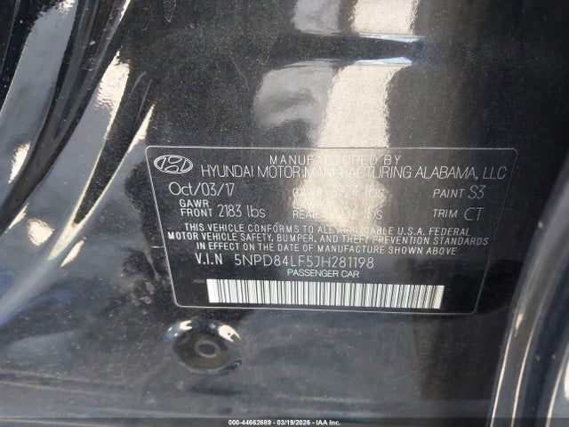 5NPD84LF5JH281198 Hyundai ELANTRA SEL