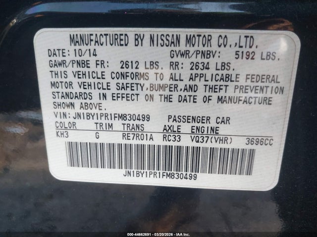 Aukcja sprzedaży 2015 Infiniti Q70l 3.7x, vin: JN1BY1PR1FM830499, numer aukcji: 44662691