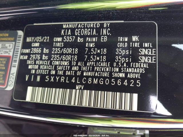 Aukcja sprzedaży 2021 Kia Sorento S, vin: 5XYRL4LC8MG056425, numer aukcji: 44662695