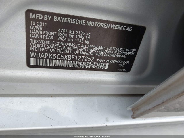2011 Bmw 328i Xdrive მანქანა იყიდება აუქციონზე, vin: WBAPK5C5XBF127252, აუქციონის ნომერი: 44662704