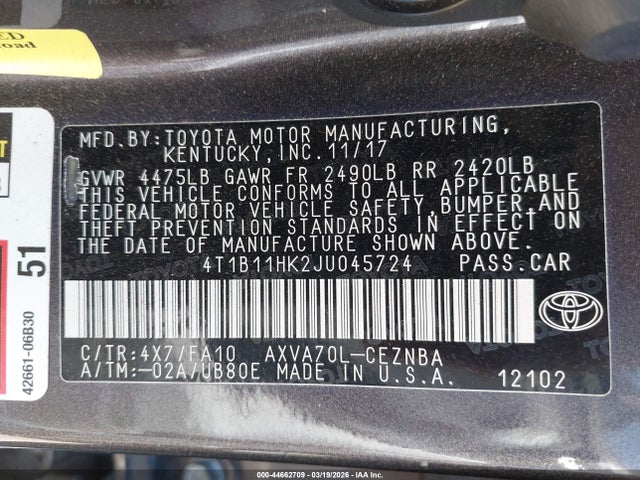 Продажа на аукционе авто 2018 Toyota Camry Le, vin: 4T1B11HK2JU045724, номер лота: 44662709