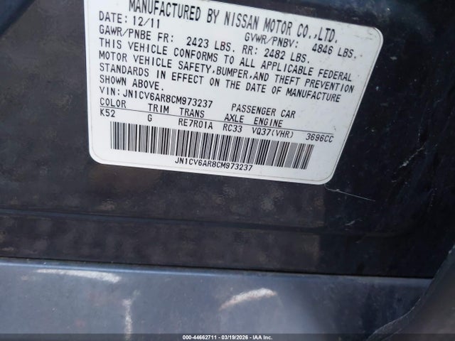 2012 Infiniti G37x მანქანა იყიდება აუქციონზე, vin: JN1CV6AR8CM973237, აუქციონის ნომერი: 44662711