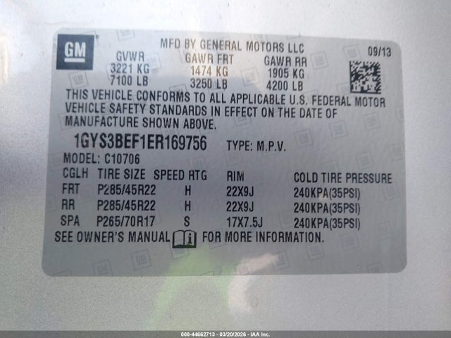 44662713 :رقم المزاد ، 1GYS3BEF1ER169756 vin ، 2014 Cadillac Escalade Luxury مزاد بيع