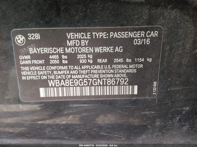 Aukcja sprzedaży 2016 Bmw 328i, vin: WBA8E9G57GNT86792, numer aukcji: 44662729