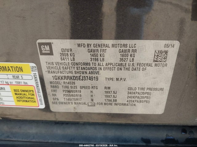 1GKKRRKD5EJ374919 GMC Acadia Slt-1
