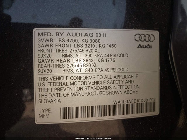 Продаж на аукціоні авто 2012 Audi Q7 3.0t Premium, vin: WA1LGAFE1CD001912, номер лоту: 44662783