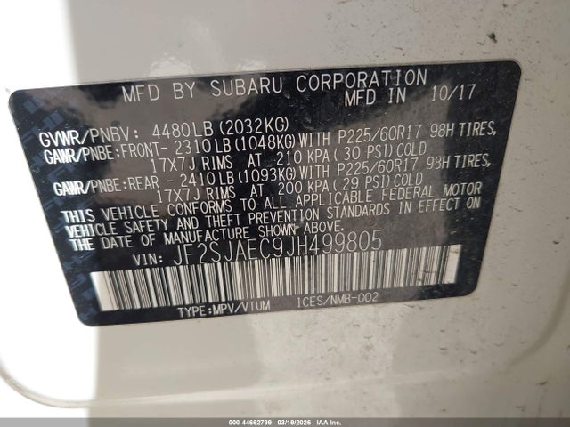 Продаж на аукціоні авто 2018 Subaru Forester 2.5i Premium, vin: JF2SJAEC9JH499805, номер лоту: 44662799