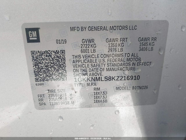 Продажа на аукционе авто 2019 Gmc Acadia Slt-1, vin: 1GKKNMLS8KZ216910, номер лота: 44662815