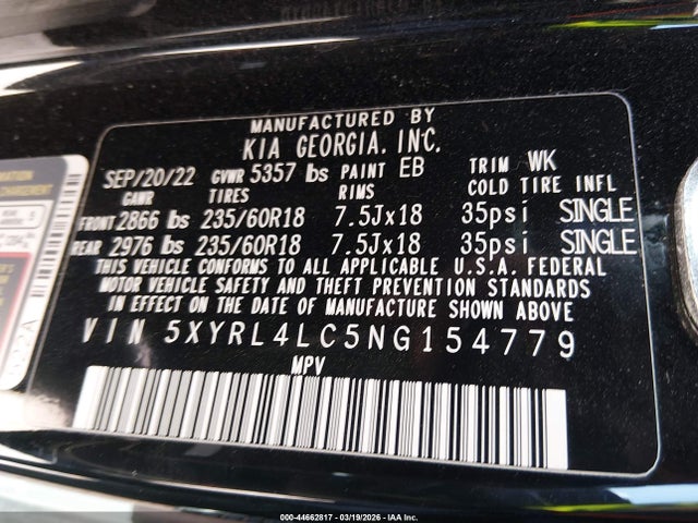 Aukcja sprzedaży 2022 Kia Sorento S, vin: 5XYRL4LC5NG154779, numer aukcji: 44662817