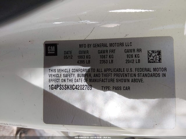 Aukcja sprzedaży 2012 Buick Verano Leather Group, vin: 1G4PS5SK8C4202789, numer aukcji: 44662819