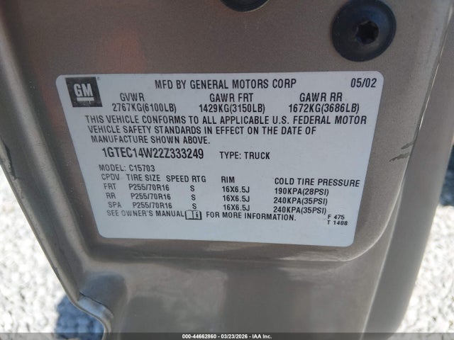 Продаж на аукціоні авто 2002 Gmc Sierra 1500 Sl, vin: 1GTEC14W22Z333249, номер лоту: 44662860