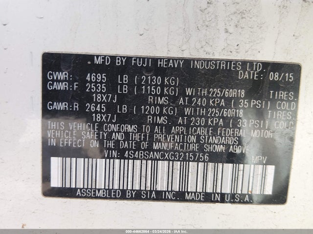 Subaru Outback 2.5i Limited 2016 4S4BSANCXG3215756 Image 9