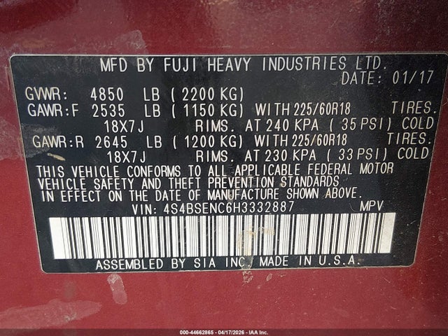 4S4BSENC6H3332887 Subaru Outback 3.6r Limited