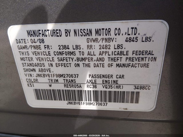 2008 Infiniti G35x მანქანა იყიდება აუქციონზე, vin: JNKBV61F98M270637, აუქციონის ნომერი: 44662868