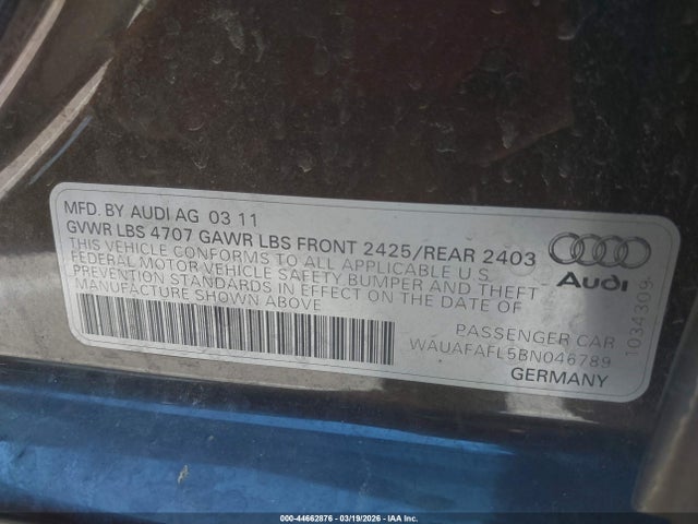 2011 Audi S4 მანქანა იყიდება აუქციონზე, vin: WAUAFAFL5BN046789, აუქციონის ნომერი: 44662876