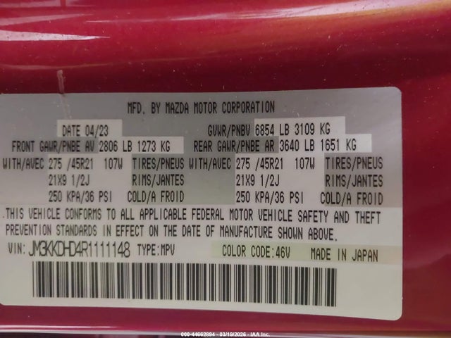 44662894 :رقم المزاد ، JM3KKDHD4R1111148 vin ، 2024 Mazda Cx-90 3.3 Turbo Premium مزاد بيع