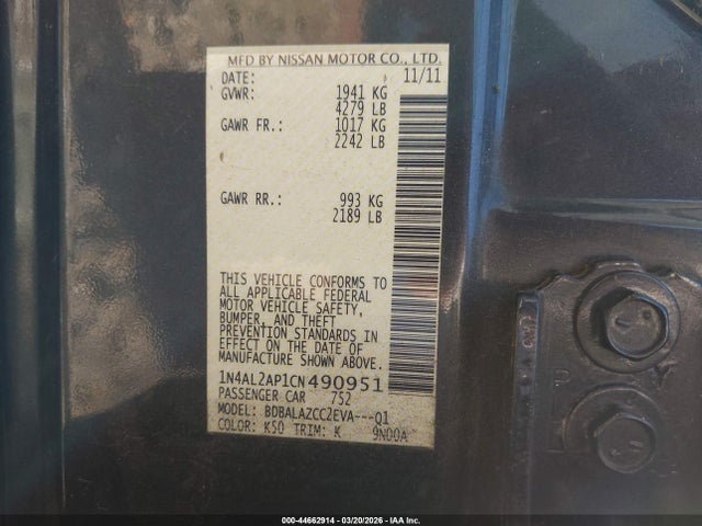 Aukcja sprzedaży 2012 Nissan Altima 2.5, vin: 1N4AL2AP1CN490951, numer aukcji: 44662914