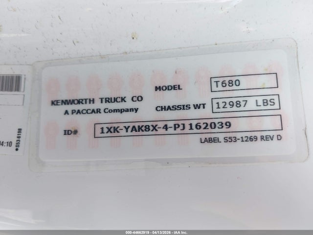44662919 :رقم المزاد ، 1XKYAK8X4PJ162039 vin ، 2023 Kenworth T680 مزاد بيع